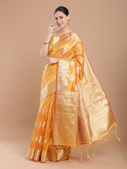 NIKATT - Orange Banarasi Silk Saree With Unstitched Blouse
