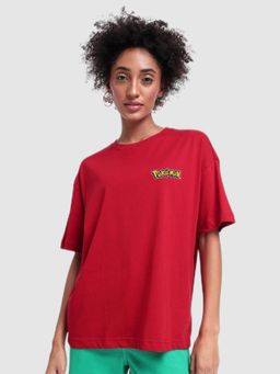 Bewakoof - Official Pokemon Women's Red Pikachu Graphic Printed Oversized T-shirt