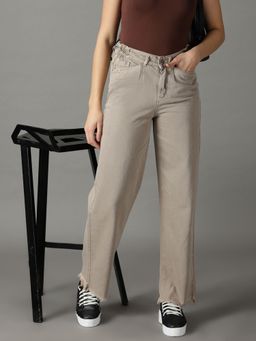 SHOWOFFFF - Women's Non Stretchable Clean Look Taupe Wide Leg Jeans