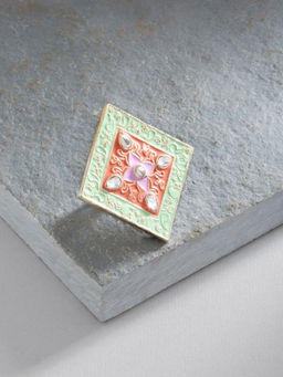 Zaveri Pearls - Multicolor Meenakari Floral Square Kundan Ring-ZPFK13148