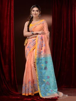 CHARUKRITI - Peach Cotton Handspun Polka Buttas and Floral Borders Saree with Unstitched Blouse