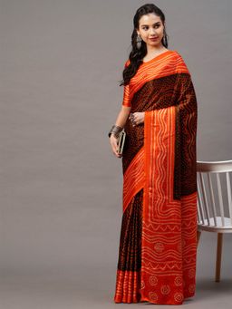Odette - Brown & Orange Casual Satin Silk Printed Saree with Unstitched Blouse