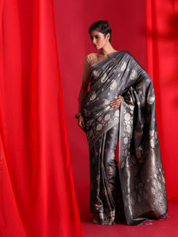 Beatitude - Grey Banarasi Saree with Unstitched Blouse