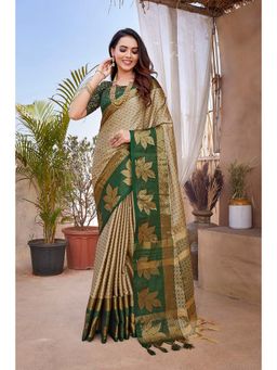 Anjaneya Sarees - Beige Woven Designer Cotton Silk Kanjivaram Saree with Unstitched Blouse
