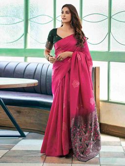 Anjaneya Sarees - Pink Woven Designer Banarasi Silk Kanjivaram Saree with Unstitched Blouse