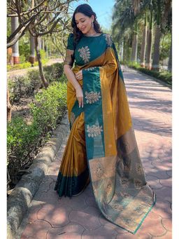 Anjaneya Sarees - Mustard Woven Designer Banarasi Silk Kanjivaram Saree with Unstitched Blouse