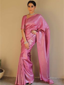 Anjaneya Sarees - Pink Woven Designer Banarasi Silk Kanjivaram Saree with Unstitched Blouse