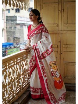 Anjaneya Sarees - White Woven Designer Banarasi Silk Kanjivaram Saree with Unstitched Blouse