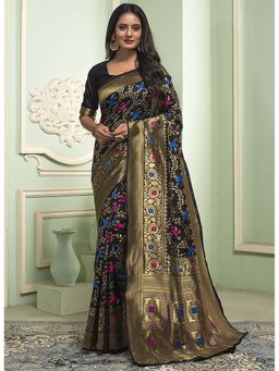 Anjaneya Sarees - Black Woven Designer Banarasi Silk Kanjivaram Saree with Unstitched Blouse