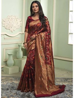 Anjaneya Sarees - Maroon Woven Designer Banarasi Silk Kanjivaram Saree with Unstitched Blouse