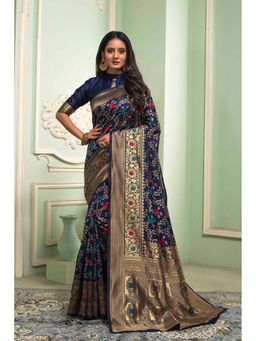 Anjaneya Sarees - Navy Blue Woven Designer Banarasi Silk Kanjivaram Saree with Unstitched Blouse