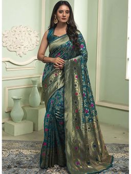 Anjaneya Sarees - Teal Woven Designer Banarasi Silk Kanjivaram Saree with Unstitched Blouse