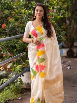 Anjaneya Sarees - White Woven Designer Banarasi Silk Kanjivaram Saree with Unstitched Blouse