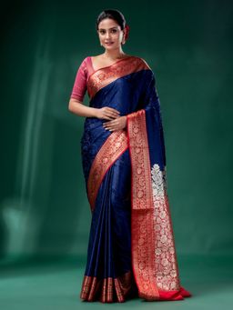 CHARUKRITI - Navy Blue Embross Katan Banarasi Handwoven Saree with Unstitched Blouse