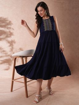 Globus - Women Navy Embroidered Yoke Gathered Tiered Fit & Flare Maxi Dress