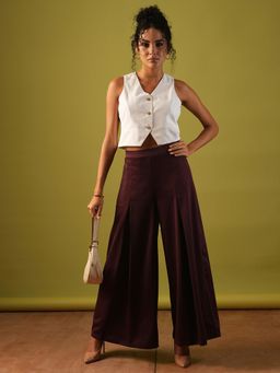 Globus - Women Plumwine Solid Stretchable Hign-Rise Pleated Flared Wide Leg Workwear Trousers
