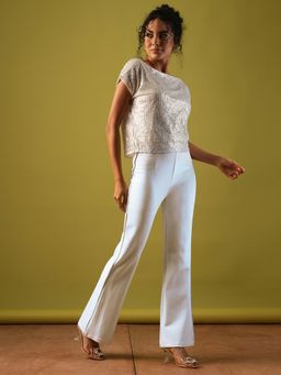 Globus - White Stretchable High-Rise Tape Flared Party Trousers