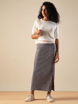 Globus - Grey Button Detail Mid-Rise Side Slit Pencil Midi Skirt