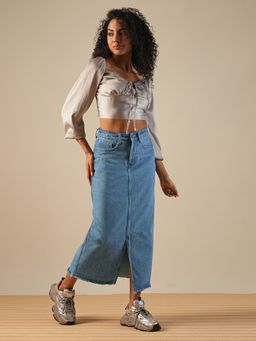 Globus - Light Blue Mid-Rise Front Slit Fringed Hem Straight Denim Midi Skirt