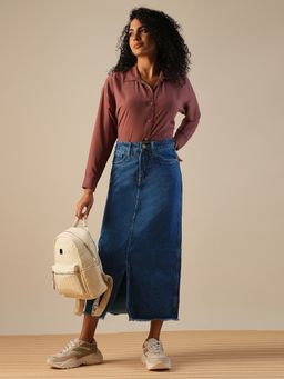 Globus - Blue Mid-Rise Front Slit Fringed Hem Straight Denim Midi Skirt