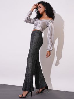 Globus - Women Black Sheen Self Design High-Rise Flared Party Trouser