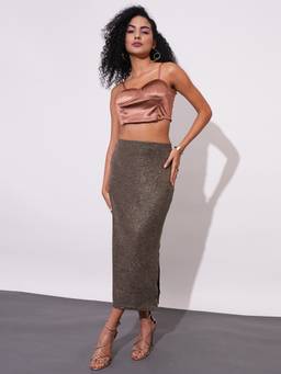 Globus - Gold Sheen Stretchable Mid-Rise Side Slit Party Pencil Skirt