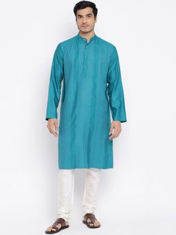 Fabindia - Teal Viscose Silk Slim Fit Embroidered Long Kurta