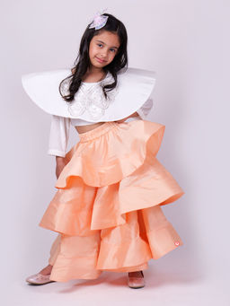 PiccoRicco - Butterfly White Top with Peach Layered Lehenga (Set of 2)