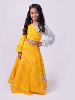 PiccoRicco - Yellow Faux Mirror Lehenga with Silver sequence Top (Set of 2)