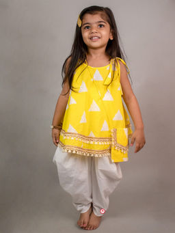 PiccoRicco - Yellow Layered Kurti & Dhoti with Designer Bag (Set of 3)