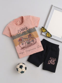 FOURFOLDS - Boys Peach T-Shirt & Shorts (Set of 2)