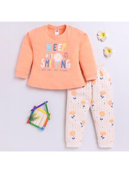 Nottie Planet - Orange Printed Full Sleeve Round Neck T-Shirt with Pyjama (Set of 2)