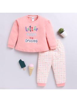 Nottie Planet - Text Print Full Sleeve Round Neck T-Shirt with Pyjama-Coral (Set of 2)
