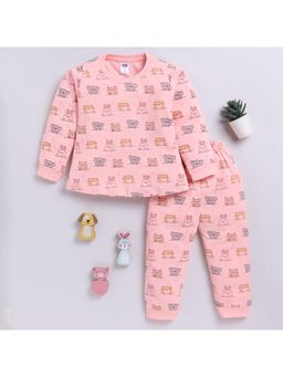 Nottie Planet - Rabbit Print Full Sleeve Round Neck T-Shirt with Pyjama-Pink (Set of 2)