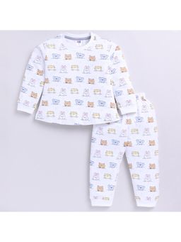 Nottie Planet - Rabbit Print Full Sleeve Round Neck T-Shirt with Pyjama-White (Set of 2)