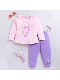Nottie Planet - Pink Printed Full Sleeve Round Neck T-Shirt with Pyjama (Set of 2)