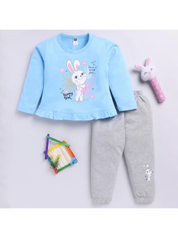 Nottie Planet - Blue Printed Full Sleeve Round Neck T-Shirt with Pyjama (Set of 2)