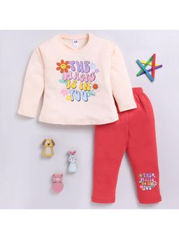 Nottie Planet - Red-Yellow Printed Full Sleeve Round Neck T-Shirt with Pyjama (Set of 2)