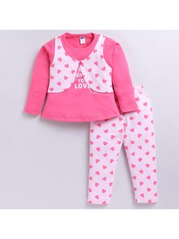 Nottie Planet - Pink Printed Full Sleeve Round Neck T-Shirt with Pyjama (Set of 2)