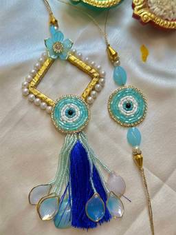 ISHKAARA - Light Blue Nazar Evil Eye Tassel Lumba With Thread Rakhi -Blue