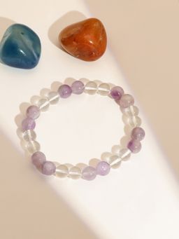 Ruby Raang Studio - Clear Quartz & Amethyst White & Purple Beads Elastic Bracelet -Multi-Color