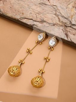 Ruby Raang Studio - Glass Kundan Antique Finish Long Earrings -White