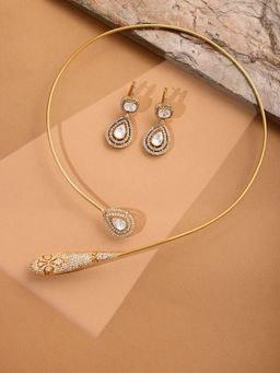Ruby Raang Studio - Kundan Antique Finish Earrings & Necklace Set -White