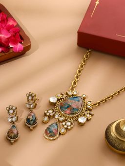 Ruby Raang Studio - Natural Stones Antique Finish Earrings & Necklace Set -Multi-Color