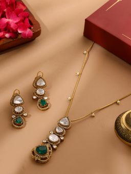 Ruby Raang Studio - Natural Stones Antique Finish Earrings & Necklace Set -Multi-Color