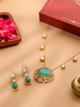 Ruby Raang Studio - Natural Stones Antique Finish Earrings & Necklace Set -Multi-Color