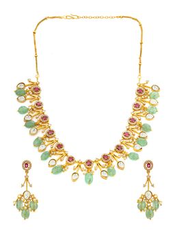 Ruby Raang Studio - Natural Stones Antique Finish Earrings & Choker Necklace Set -Multi-Color