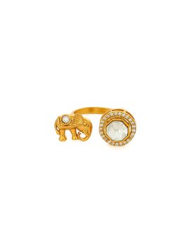 Ruby Raang Studio - Kundan Gold Plated Elephant & Round Ring -White