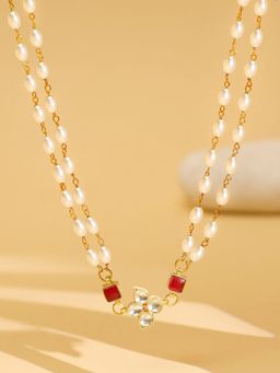Ruby Raang Studio - White & Red Beaded Gold Plated Flower Kundan Necklace