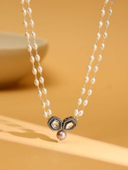 Ruby Raang Studio - Beaded Chain With Kundan Drop Necklace -White